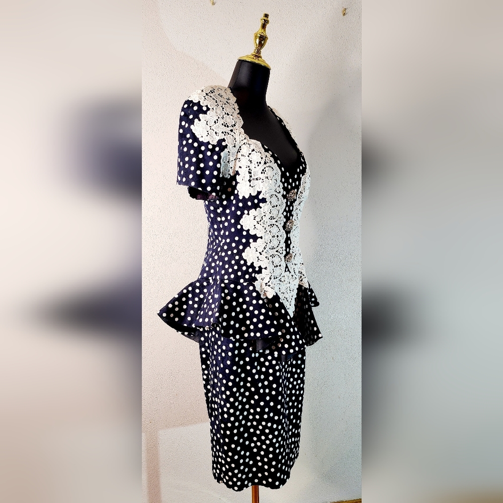Julie Duroche Vintage Unique Party Dress, Lace Bodice, Jeweled Rhinestone Button